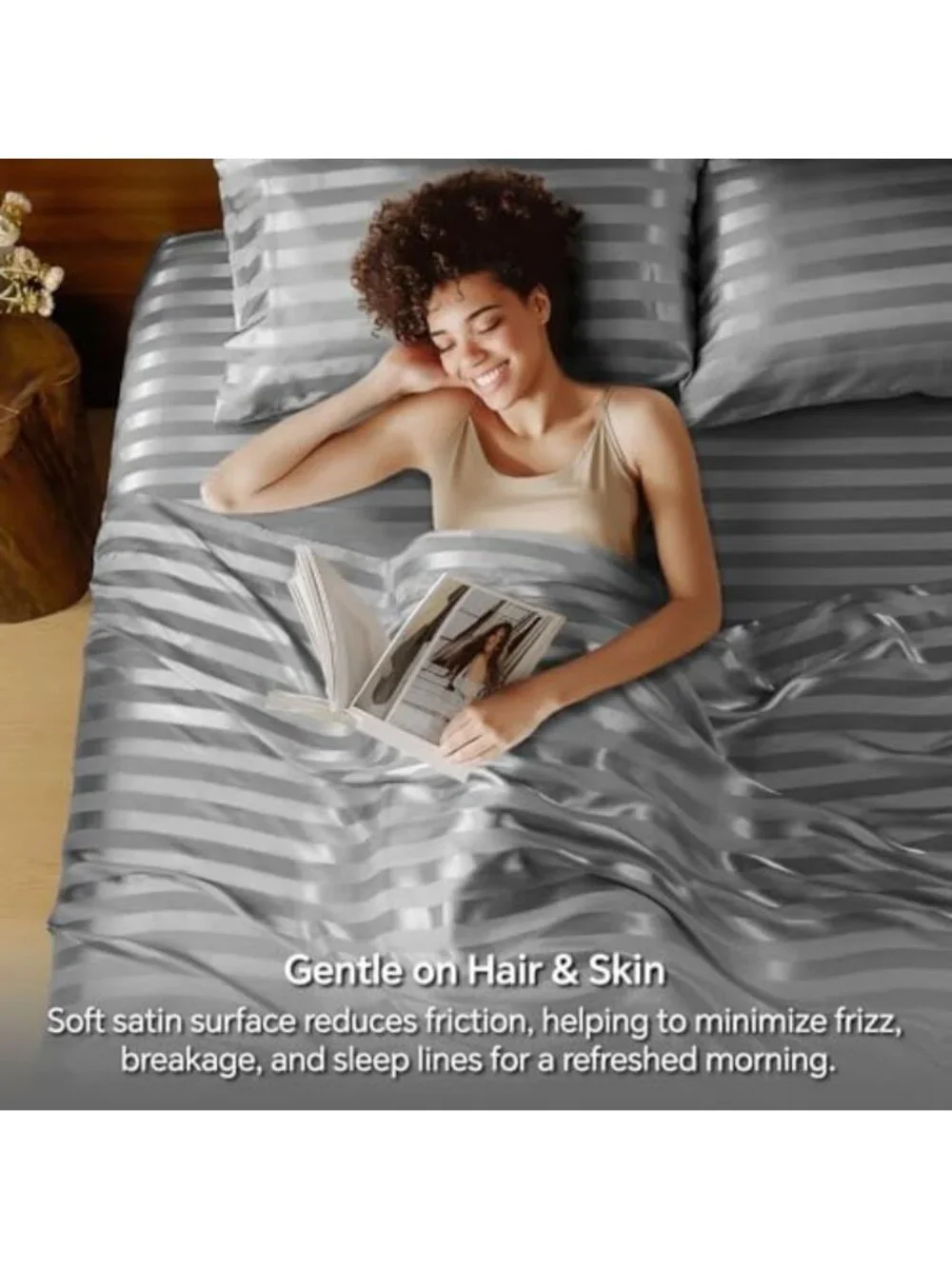 Luxurious Dark Grey Jacquard Striped Satin King Size Sheet Set - 4 Pieces